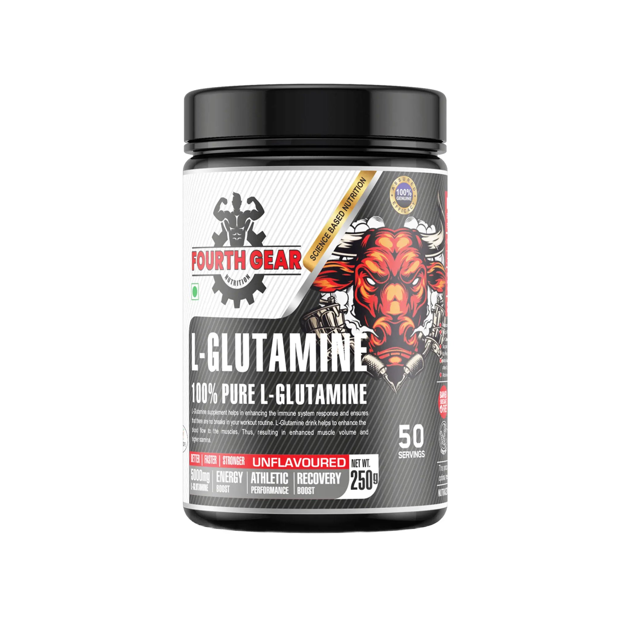 FOURTH GEAR L-Glutamine 5000mg | 250g Unflavored Muscle Recovery | Vegetarian