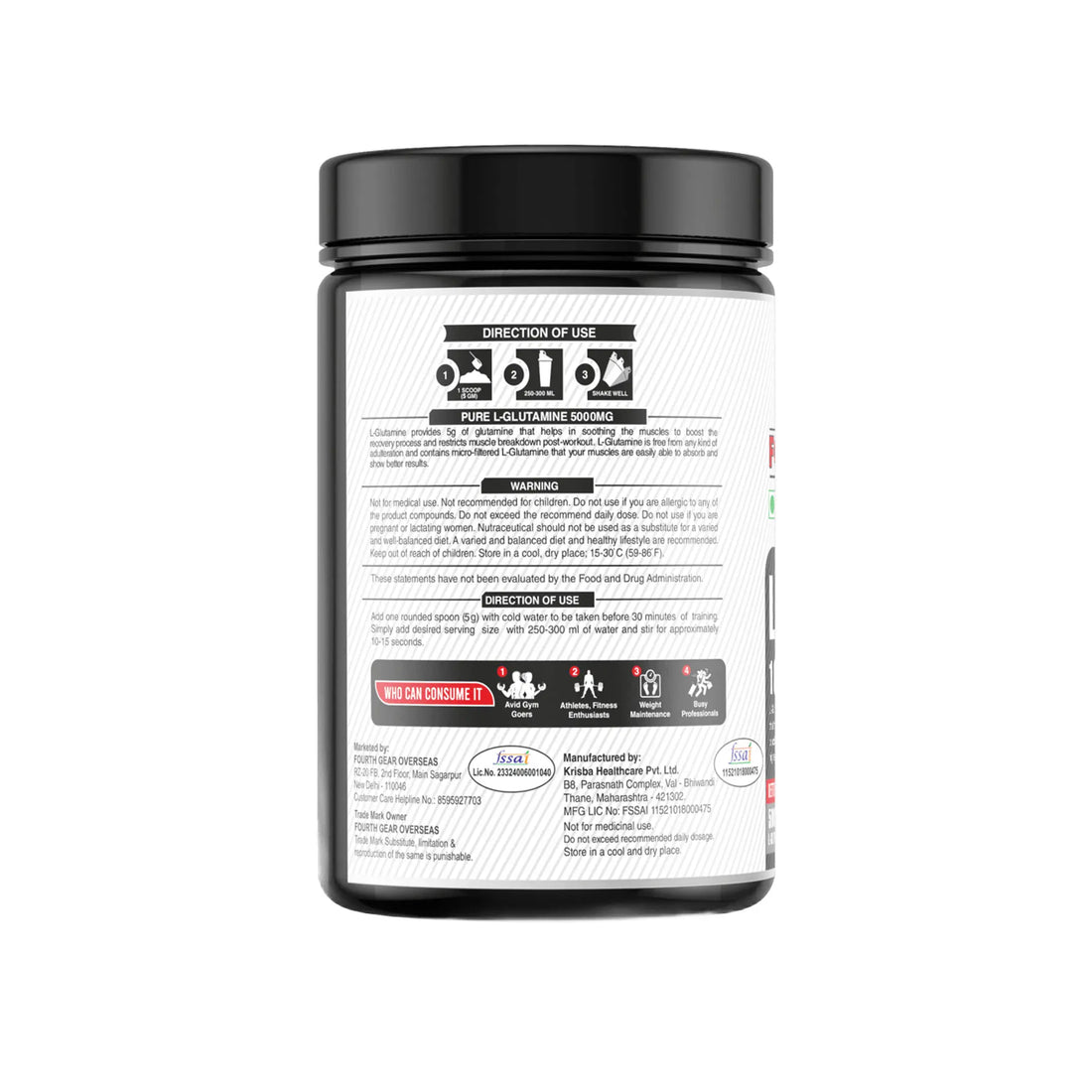 FOURTH GEAR L-Glutamine 5000mg | 250g Unflavored Muscle Recovery | Vegetarian